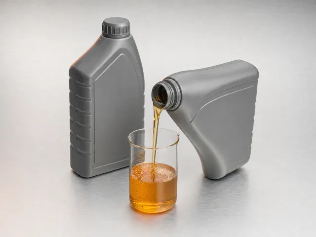 Botellas de aceite de motor y aceite ámbar servido en un vaso