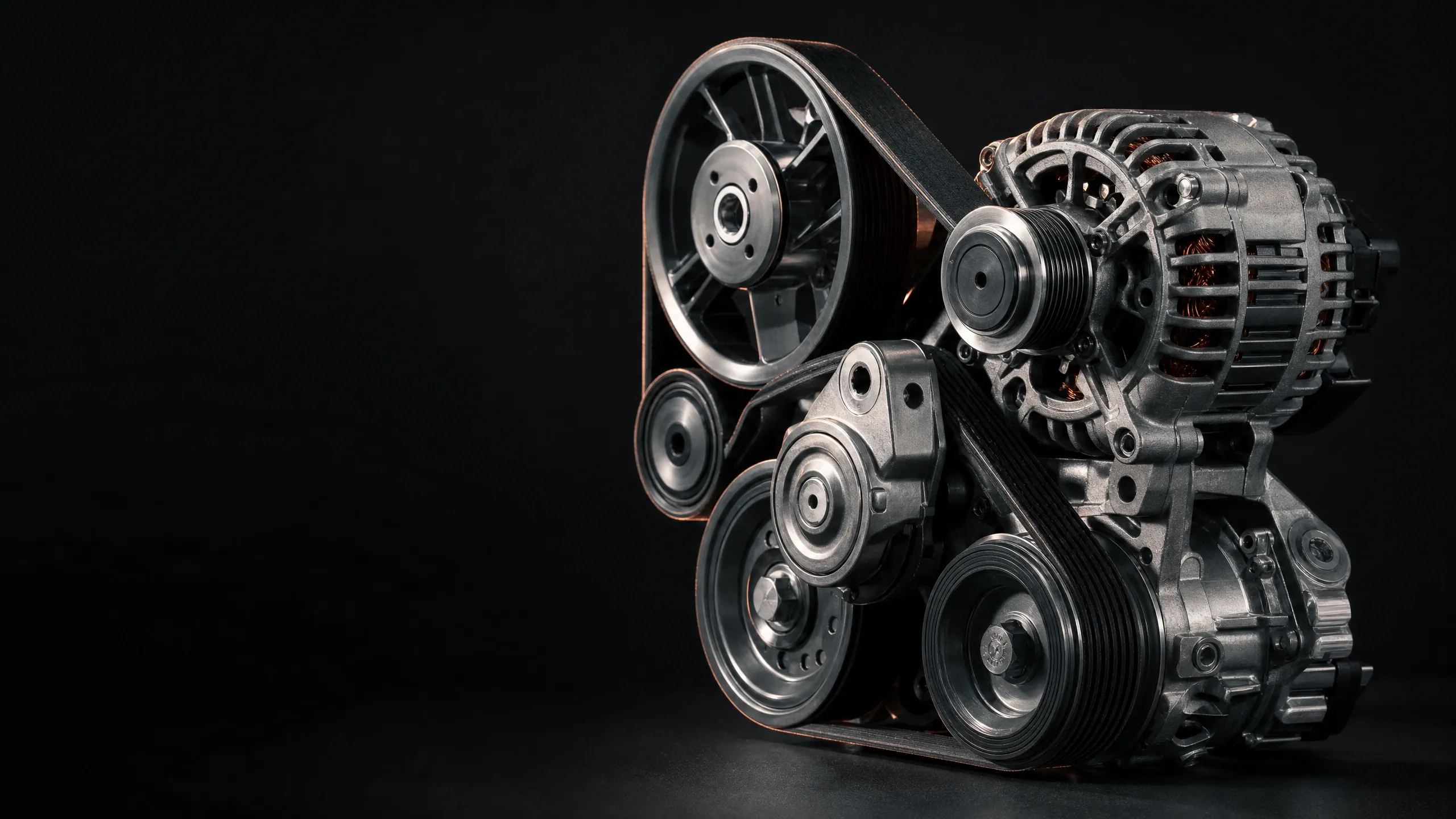 Banda serpentina, poleas, tensor y alternador de un motor sobre fondo oscuro